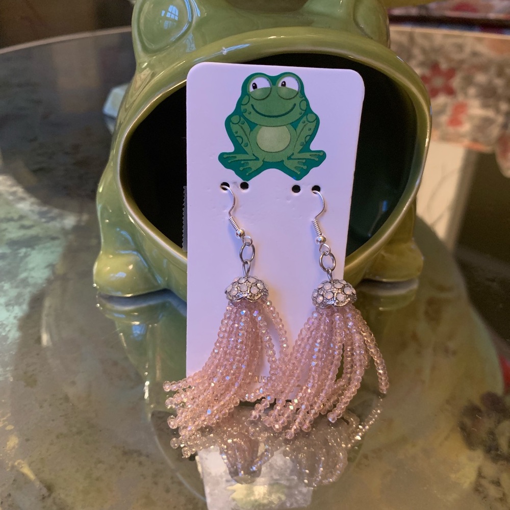 Pink crystal tassel drop earrings